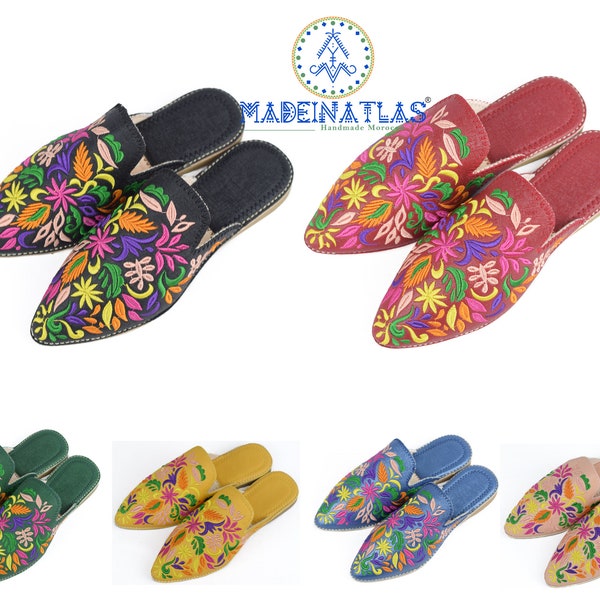 Zapatillas de mula, Babouche, mocasines sin espalda, mulas de cuero, zapatillas bordadas, regalo de madrastra, zapatos bordados, zapatos marroquíes