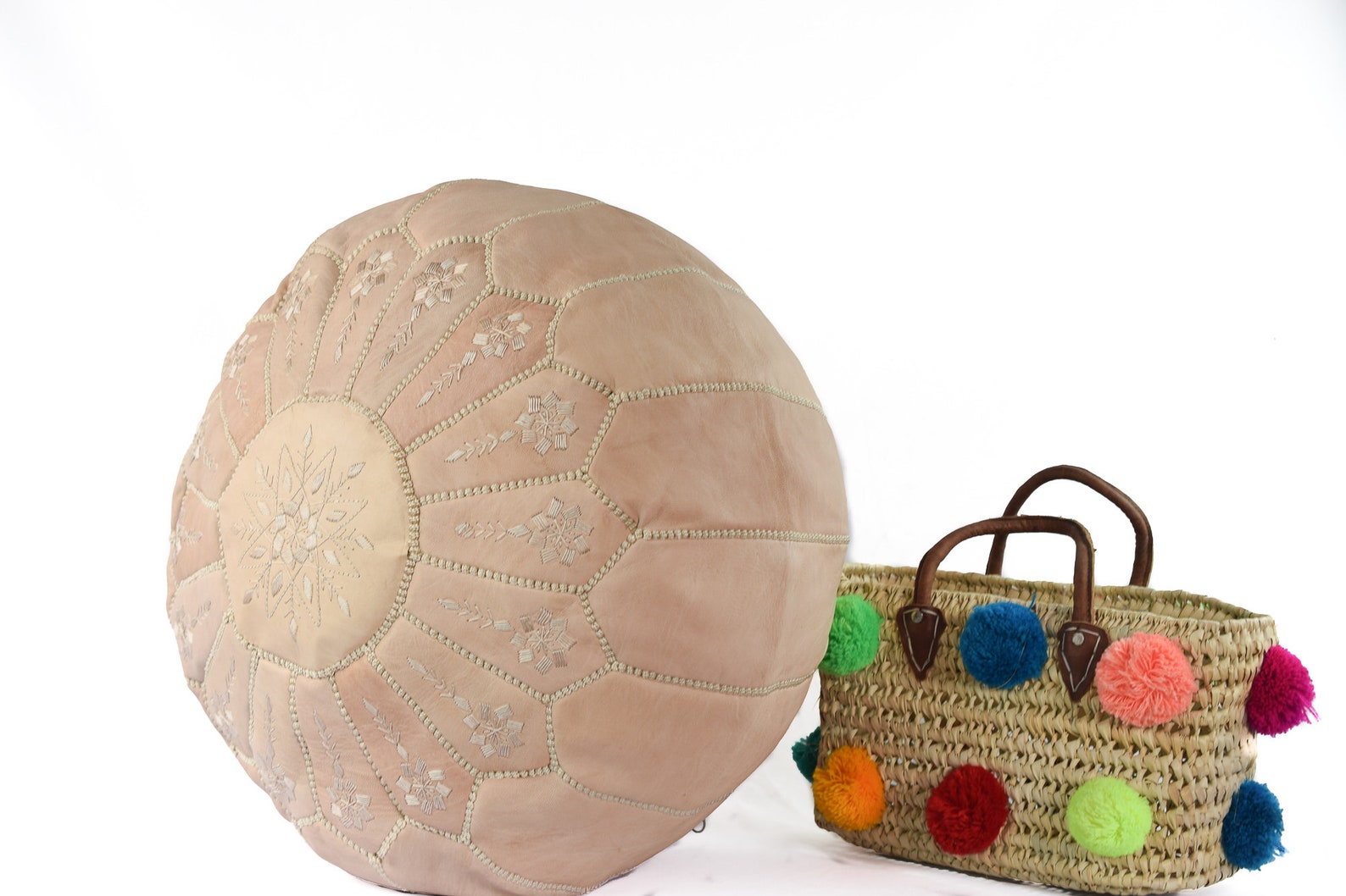 Beige Leather Pouf with Floral Detail — view 6