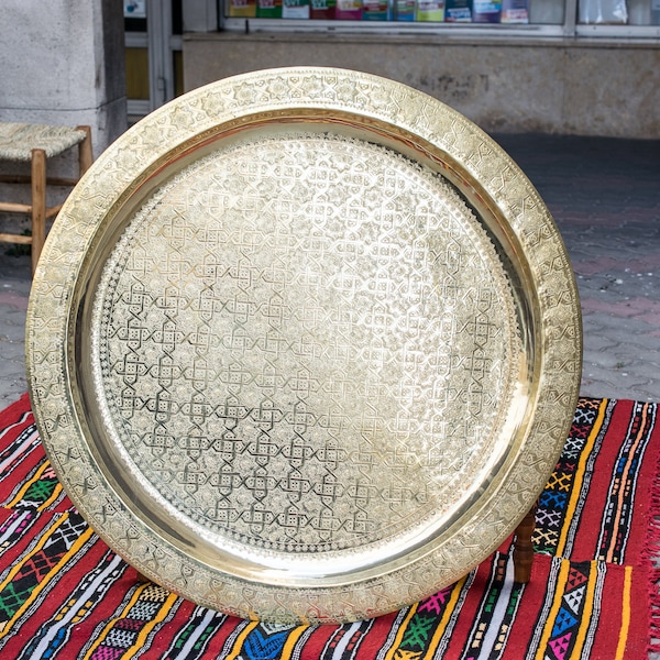Moroccan tea tray silver, brass tray, large serving tray, wedding tea tray, round brass tray, Moroccan furniture