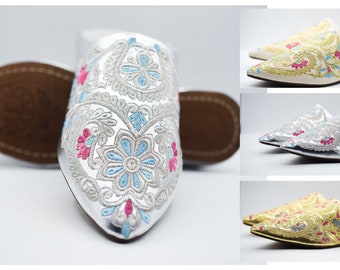 Moroccan Women Slippers, Gold Embroidered Babouche, Silver Pattern Shoes, Morocco Handmade Mules, Pointed toe slippers