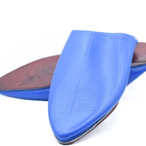 Puede incluir: Un par de zapatillas de cuero azul con punta puntiaguda y suela de cuero marrón.