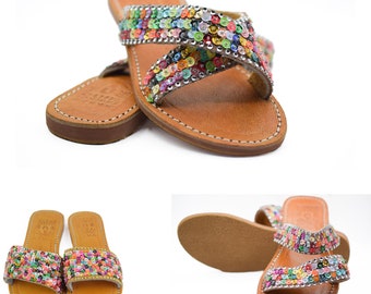 Morocco beaded sandals, Handmade women Rhinestones sandals, Moroccan Leather flip-flops, Fancy sheepskin sequins tongs