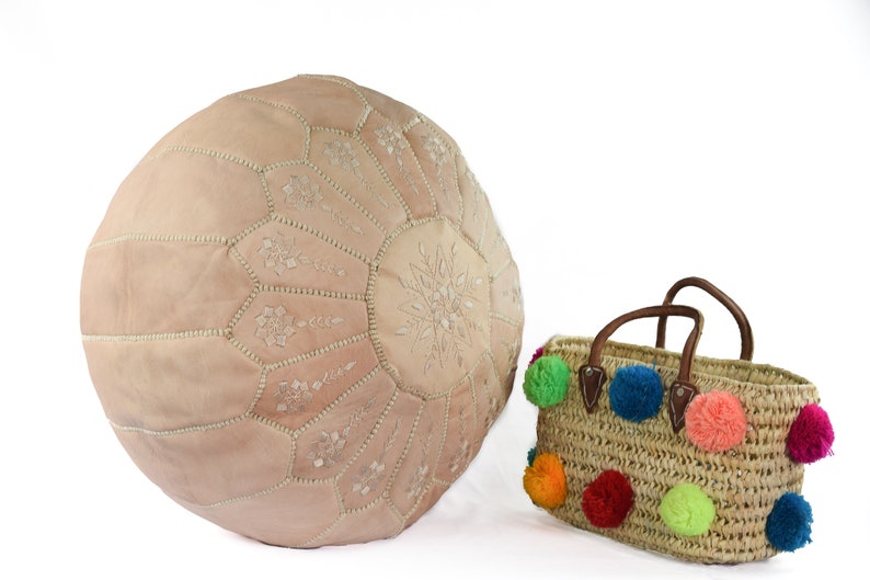 Beige Leather Pouf with Floral Detail — view 2