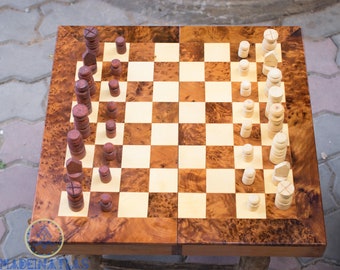 Handcrafted Thuya Wood Folding Chess and Backgammon Set
