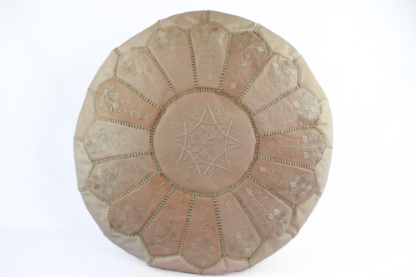 Beige Leather Pouf with Floral Detail