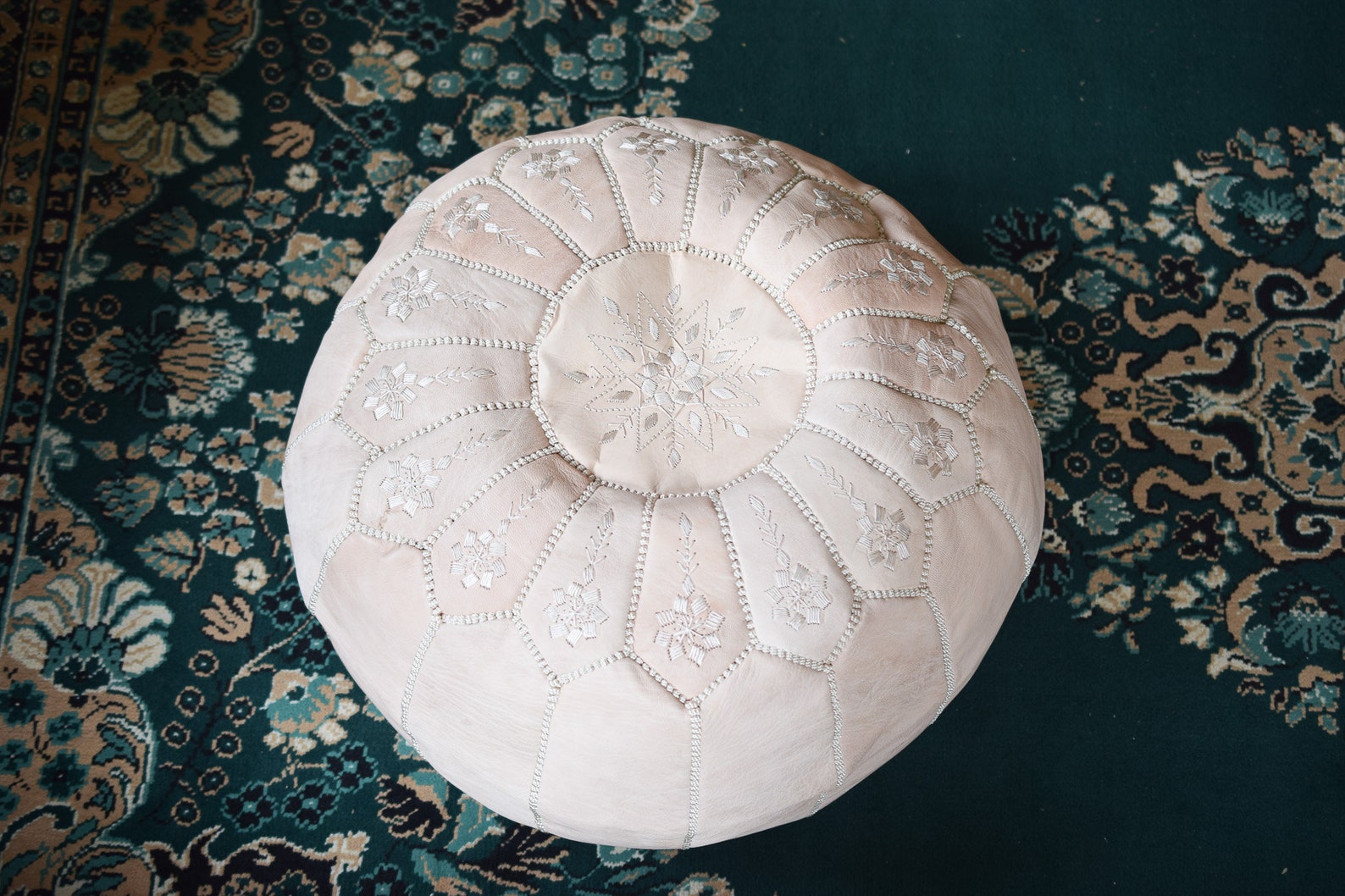 Beige Leather Pouf with Floral Detail — view 8