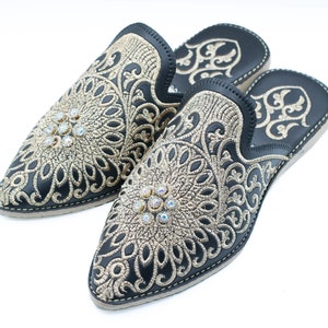 Embroidered Leather Mules: Black Moroccan Silk Slippers