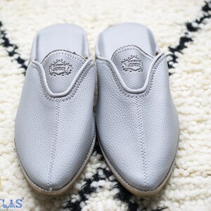 May include: A pair of gray leather slippers with pointed toes. The slippers have a simple design with a small embroidered logo on the top.