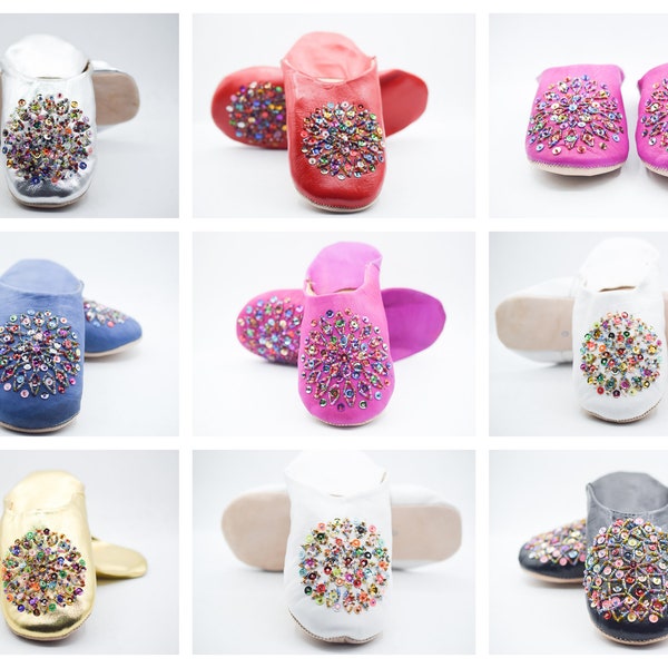 Moroccan Rhinestones Slippers, Women Sequins mule, soft sheepskin slipper, indoor comfy babouche, Birthday gift