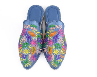 Embroidered Leather Mules: Moroccan Floral Pointed Toe Slippers