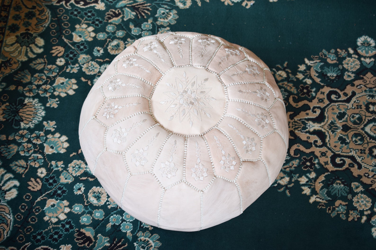 Beige Leather Pouf with Floral Detail — view 9