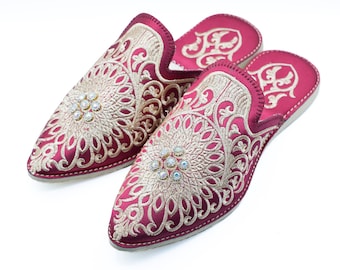 Moroccan mules shoes for women, embroidered mules, boho silk slippers, beaded mules, backless loafers, sheepskin slippers