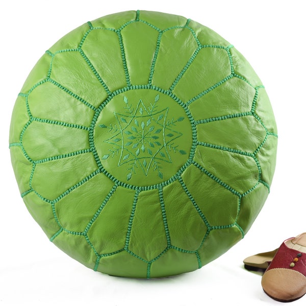 Round poufs lime green Moroccan leather ottoman, boho pouf, outdoor pouf ottoman