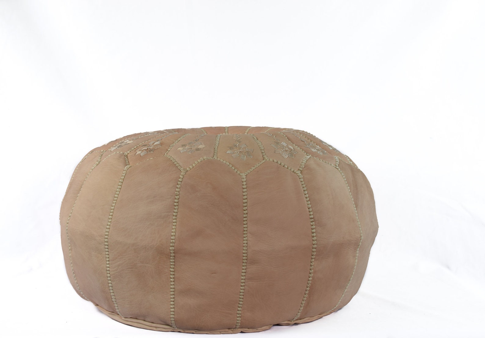 Beige Leather Pouf with Floral Detail — view 3