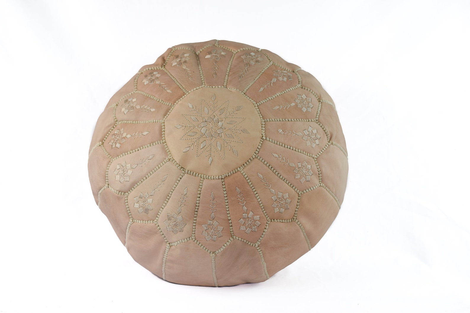 Beige Leather Pouf with Floral Detail — view 7