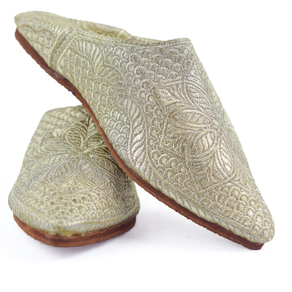 Wedding Moroccan Slippers, sheepskin slippers womens, Golden silk moccasins women