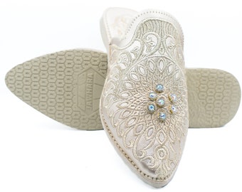Embroidered Silk Moroccan Slippers: Beaded Wedding Mules