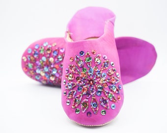 Moroccan Rhinestones Slippers, Women Sequins mule, soft sheepskin slipper, indoor comfy babouche, Birthday gift