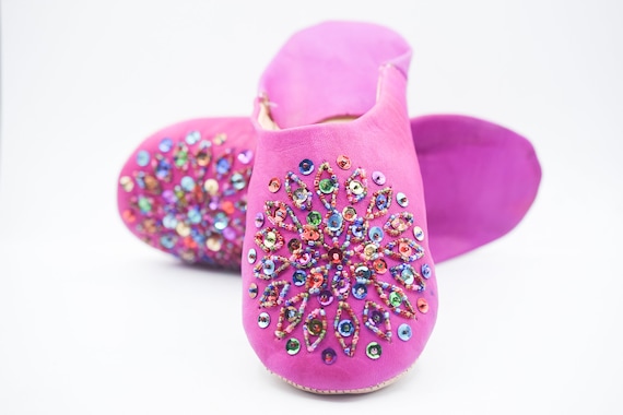 Moroccan Rhinestones Slippers Women Sequins Mule Soft Sheepskin Slipper Indoor Comfy Babouche Birthday Gift