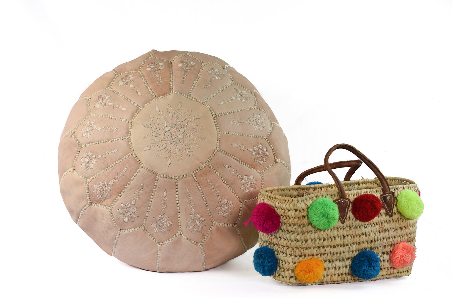 Beige Leather Pouf with Floral Detail — view 4