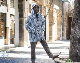 Cardigan épais, cardigan en laine marocaine djellaba, veste à capuche, pull rayé berbère, pull cardigan bohème