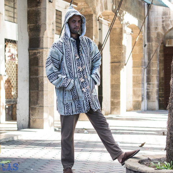 Cardigan épais, cardigan en laine marocaine djellaba, veste à capuche, pull rayé berbère, pull cardigan bohème