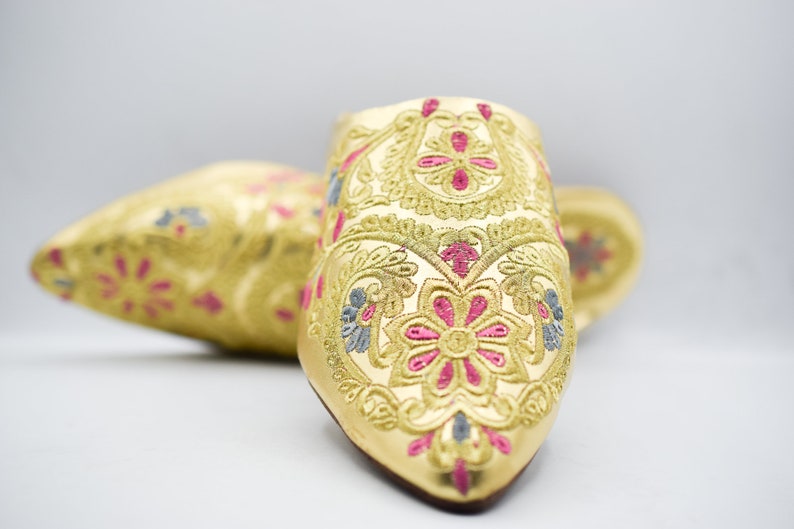 Gold Hand-Embroidered Leather Babouche Slippers — view 2