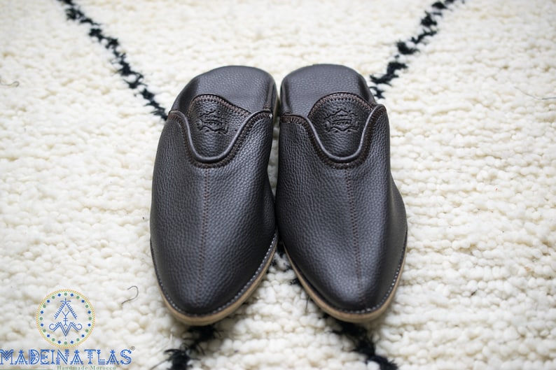 May include: A pair of brown leather slippers with pointed toes. The slippers have a simple design and are made of high-quality leather.