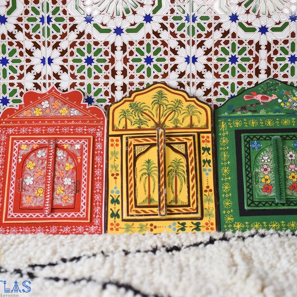 Miroir marocain peint à la main, Portes en bois coloré Miroir décoratif Boho Miroir marocain, Miroir mural peint à la main, Miroir cintré