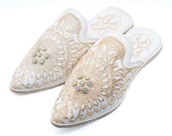 Marokkanische Schuhe, bestickte Schuhe, Leder Mules, Hochzeit Hausschuhe, marokkanische Babouche, Brauthausschuhe, rückenlose Loafers