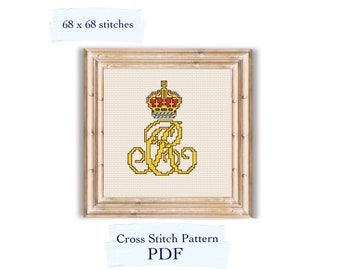 May include: A cross stitch pattern PDF for a royal monogram with a gold crown and the letters ER in a gold script. The pattern is 68 x 68 stitches.