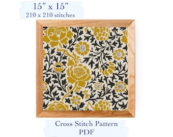 May include: A cross stitch pattern PDF for a 15" x 15" design with a floral pattern in black, yellow, and white. The pattern is framed in a wooden frame.