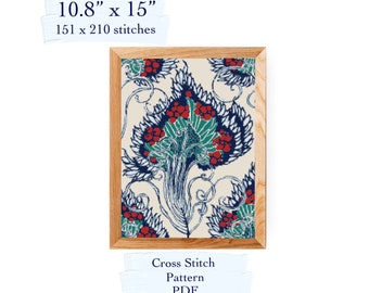 May include: A framed cross-stitch pattern with a floral design in a wooden frame. The pattern features red, teal, and navy blue elements on a cream background. The dimensions are 10.8" x 15". The text reads "Cross Stitch Pattern PDF".