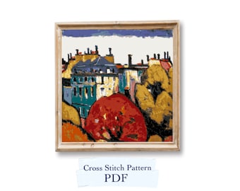 May include: A cross stitch pattern PDF of a painting depicting a cityscape with colourful buildings and trees. The buildings are mostly yellow and white with a teal roof. The trees are green, yellow, and red.