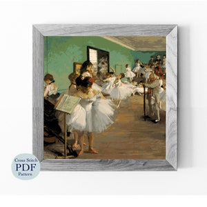 May include: A cross stitch pattern of a painting depicting a ballet class. The painting features a group of young women in white tutus practicing ballet in a studio. The room is painted a pale green and has a large window. The painting is framed in a gray wood frame.