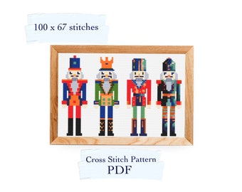 May include: Cross stitch pattern PDF for four colourful nutcracker figures, 100 x 67 stitches.