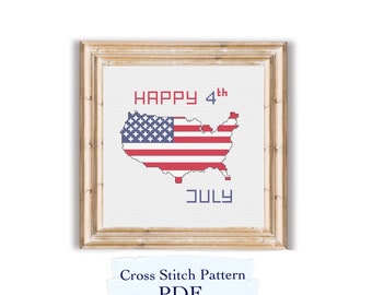 May include: Cross stitch pattern PDF for a design featuring the American flag in the shape of the United States with the text "HAPPY 4th JULY" above it.