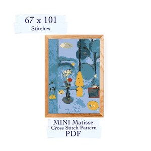 May include: A cross stitch pattern of a painting by Henri Matisse, titled "The Snail". The pattern is 67 stitches wide by 101 stitches tall. The pattern is framed in a wooden frame and is labeled "MINI Matisse Cross Stitch Pattern PDF".