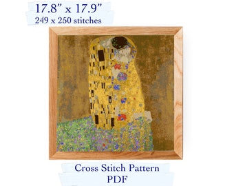 May include: Cross stitch pattern PDF of The Kiss by Gustav Klimt. The pattern is 17.8 inches by 17.9 inches and has 249 by 250 stitches.