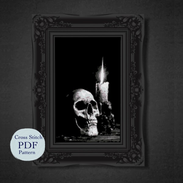 Skull & Candle, gothic cross stitch pattern, gothic cross stitch chart, PDF download