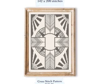 May include: A black and white cross stitch pattern with a geometric design. The pattern is framed in a wooden frame and has the text "Cross Stitch Pattern PDF" and "142 x 200 stitches" on the image.