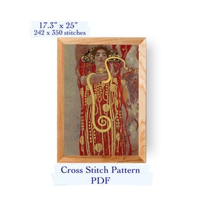 May include: Cross stitch pattern PDF of a woman in a red and gold dress holding a snake. The pattern is 17.3 inches by 25 inches and has 242 by 350 stitches.