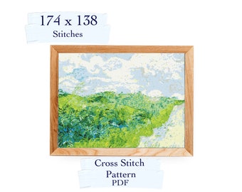 May include: A cross stitch pattern PDF for a landscape scene with a blue sky, white clouds, and green grass. The pattern is 174 stitches wide by 138 stitches tall.