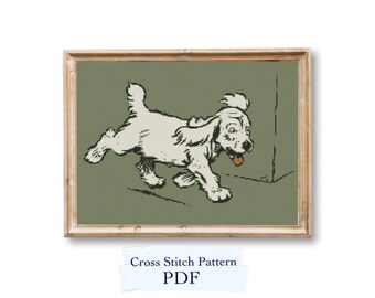 May include: Cross stitch pattern PDF of a white dog running with its tongue out, on a green background.