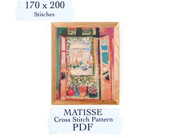 May include: A cross stitch pattern PDF of a painting by Matisse depicting a window with an open door and a view of a seascape with sailboats. The pattern is 170 x 200 stitches.