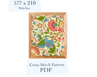 May include: A cross stitch pattern PDF featuring a floral design with pink, blue, and green flowers on a cream background. The pattern is 177 x 210 stitches.