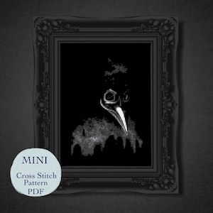 Puede incluir: Un patrón de punto de cruz en blanco y negro de un pájaro en un marco negro. El patrón está etiquetado como "MINI Cross Stitch Pattern PDF".