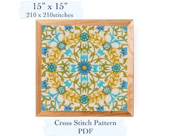May include: A framed cross-stitch pattern, 38 cm x 38 cm, with a floral design in gold, teal, and blue on a cream background. The pattern is symmetrical and enclosed in a wooden frame. The text "Cross Stitch Pattern PDF" is visible.