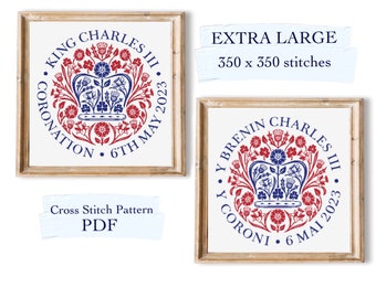 May include: Cross stitch pattern PDF for King Charles III's coronation on 6th May 2023. The design features a crown with red and blue flowers in a circle. The text "King Charles III Coronation 6th May 2023" is in blue lettering.