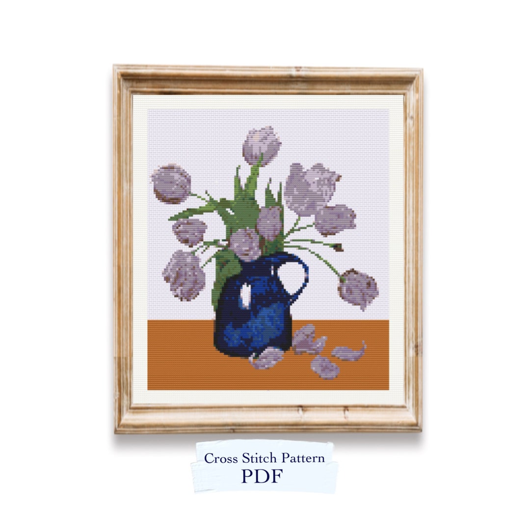 Japanese Etching Flower Vase Cross Stitch Pattern, PDF Download, Extra